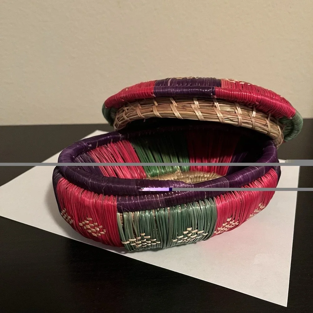 VTG Ethiopian Woven Basket Small Lidded Trinket Jewelry Box Coiled Seagrass Boho